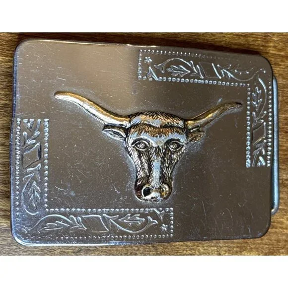 Vintage Longhorn Steer Head Western Belt Buckle Silver Tone Gold Accent - Picture 2 of 8